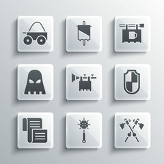 Set Medieval chained mace ball, Crossed medieval axes, Shield, Trumpet with flag, Decree, parchment, scroll, Executioner mask, Wooden four-wheel cart and Street signboard Bar icon. Vector