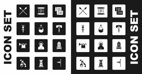 Set Decree, parchment, scroll, Old bottle of wine, Torch flame, Crossed medieval spears, Medieval axe, throne and Trumpet with flag icon. Vector