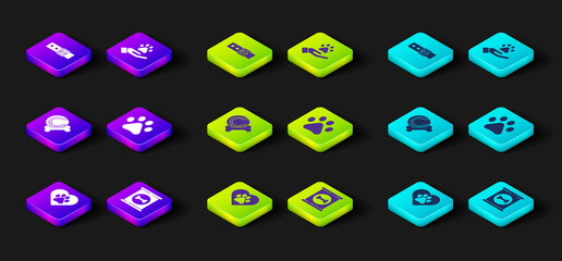 Set Heart with animals footprint, Canned food, Pet toys bone rubber and ball, Paw, Hands and Collar name tag icon. Vector