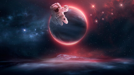 Naklejka na ściany i meble Sci-fi abstract background with flying astronaut. Abstract fantastic space of the Universe. Space background with nebula and stars. Elements of this image furnished by NASA. 3d illustration 