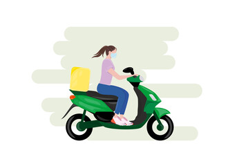 Fast delivery package illustration. The girl ride on bike so fast as it possible to deliver the order. Copy space vector eps10