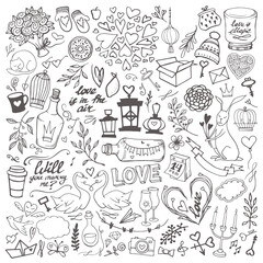 Valentine's Day romantic doodles vector set. Handsketched collection of traditional love symbols and objects.  