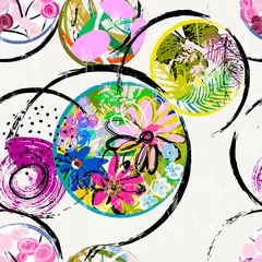 Draagtas seamless abstract floral background pattern, with circles, flowers, leaves, strokes and splashes © Kirsten Hinte