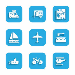 Set Plane, Bicycle, Helicopter, Boat with oars, Submarine, Yacht sailboat, Broken road and TV News car icon. Vector