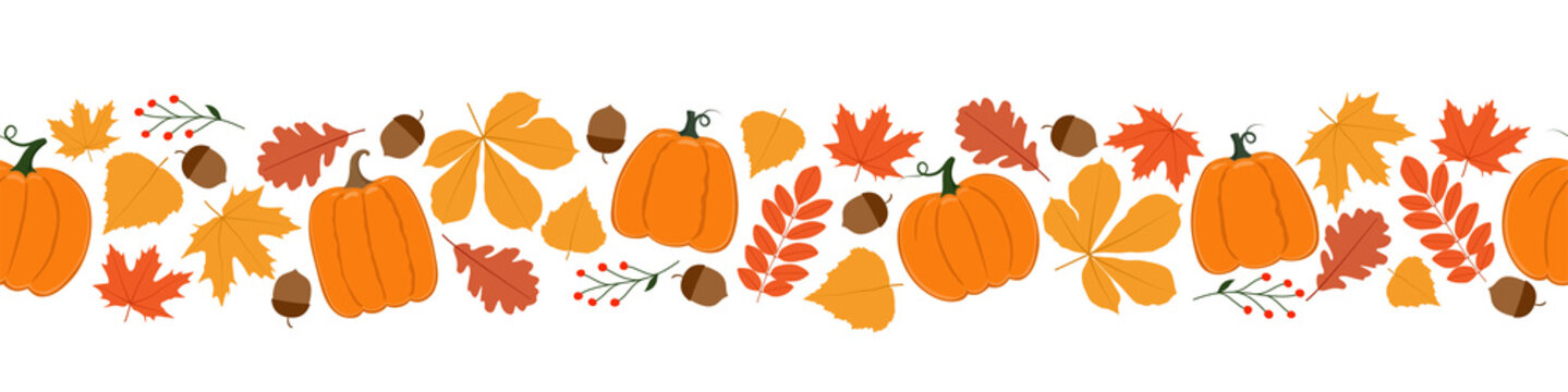 Autumn horizontal seamless pattern. Seamless border with pumpkins, autumn leaves and berries. 