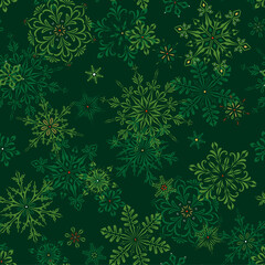 Green Christmas and New Year seamless pattern with snowflakes. Ornate winter background. Gift wrap and fabric design. 