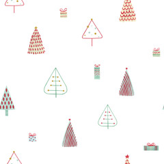 Fototapeta na wymiar Scandinavian Christmas tree seamless pattern on white background. Hand painted nordic Christmas holiday.