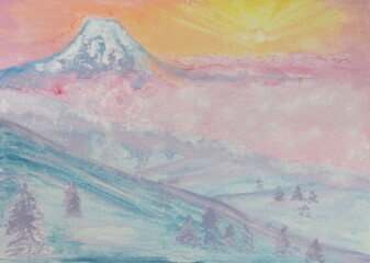 Sunrise over inactive volcano with morning clouds above snowy valley. Mixed media background mountain landscape painting