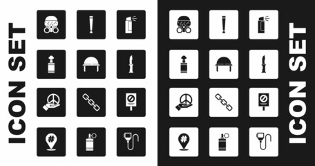 Set Pepper spray, Military helmet, Hand grenade, Gas mask, knife, Police rubber baton, Protest and Peace icon. Vector