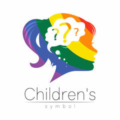 Modern logotype Kid Girl head with question inside brain . Logo Child sign of Psychology. Profile Human. Creative style. Symbol in vector. Design concept. Rainbow color isolated on white - 462640983