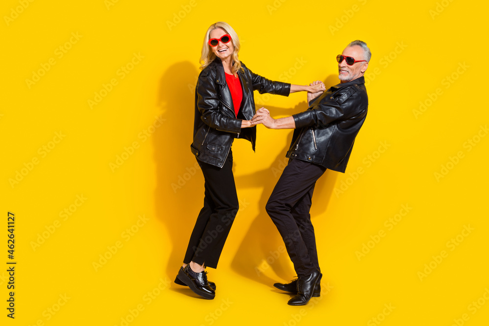 Sticker Full length body size view of beautiful handsome pensioner lovers dancing rest night club isolated over vivid yellow color background