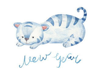 new year card with blue cute lying tiger, watercolor illustration