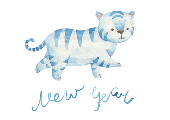 new year card with blue cute tiger, watercolor illustration
