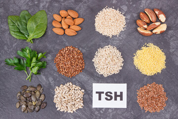 Products and ingredients as best nutritious food for healthy thyroid. Natural eating containing vitamins