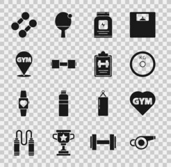Set Whistle, Fitness gym heart, Weight plate, Sports nutrition, Dumbbell, Location, and training program icon. Vector