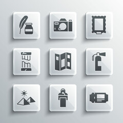 Set Gives lecture, Museum ticket, Fire extinguisher, guide brochure, Egypt pyramids, Broken ancient column, Feather and inkwell and Picture icon. Vector