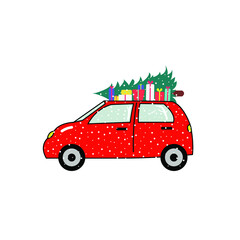 Christmas car. A car that is carrying pine tree and gifts while snowing with a little shadow of Santa through the window. Vector illustration.