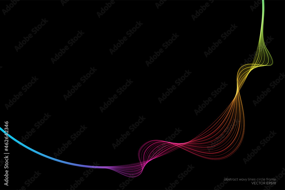 Poster Vector abstract curve lines wavy in round frame colorful rainbow isolated on black background with empty space for text