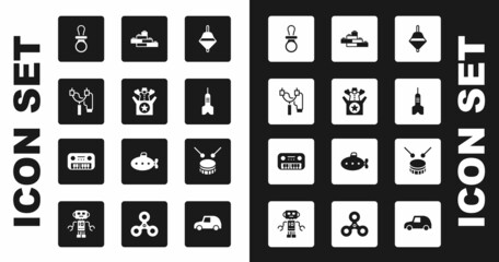 Set Whirligig toy, Jack in the box, Slingshot, Baby dummy pacifier, Dart arrow, Toy building block bricks, Drum with drum sticks and piano icon. Vector