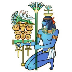 Animation color  portrait: sitting 
 Egyptian God Hapi presents river gifts. God of fertility, of water, of  Nile River. Vector illustration isolated on a white background. Print, poster, t-shirt