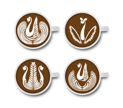 Coffee Latte Art Logo Icon vector Rosetta, Swan, Heart, Tulip, Tree Set