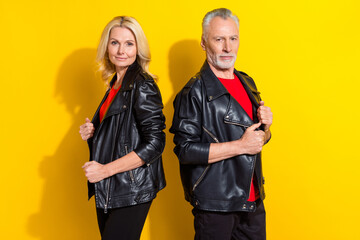 Profile side view portrait of two attractive cheerful cool grey-haired spouses posing isolated over vivid yellow color background