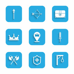 Set Location king crown, Shield, Gallows, Medieval sword, Crossed medieval axes, King, Antique treasure chest and spear icon. Vector