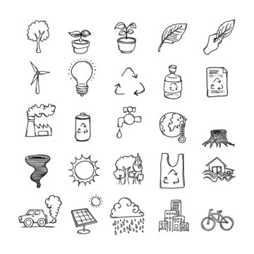 Climate change Doodle vector icon set. Drawing sketch illustration hand drawn line eps10