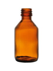Empty medical bottle made of brown glass, without a lid. Isolated on a white background, close-up
