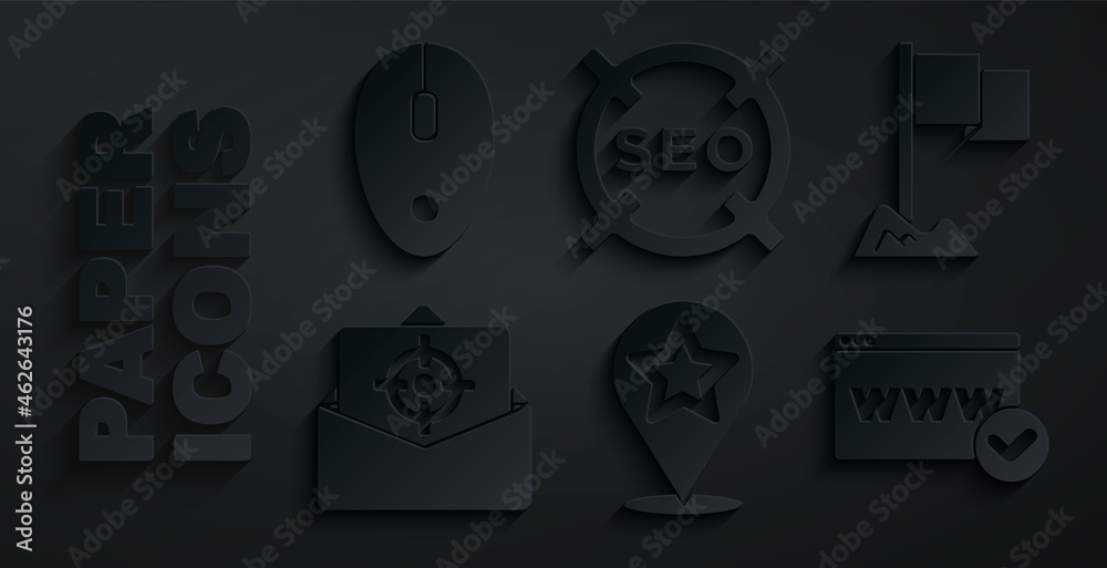 Sticker Set Map pointer with star, Location marker, Mail and e-mail, Website template, SEO optimization and Computer mouse icon. Vector