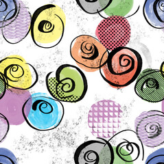 seamless abstract background pattern, with circles, swirls, stripes, paint strokes and splashes