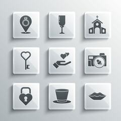 Set Cylinder hat, Smiling lips, Photo camera, Heart hand, Castle the shape of heart, Key, Wedding rings and Church building icon. Vector