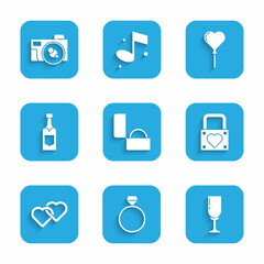 Set Diamond engagement ring, Glass of champagne, Lock and heart, Two Linked Hearts, Champagne bottle, Balloons form and Photo camera icon. Vector