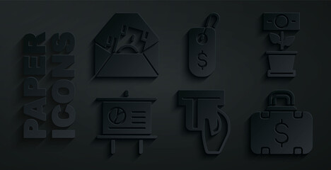 Set Credit card inserted, Money plant the pot, Chalkboard with diagram, Briefcase and money, Price tag dollar and Envelope symbol icon. Vector