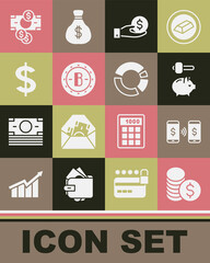 Set Coin money with dollar, Money payment transfer, Piggy bank and hammer, Hand giving, Bitcoin, Dollar symbol, Stacks paper cash and Pie chart infographic icon. Vector