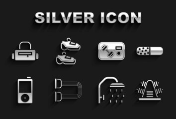 Set Chest expander, Vitamin pill, Metal rack with weights, Shower head, Music player, Fitness club, gym card, Sport bag and sneakers icon. Vector