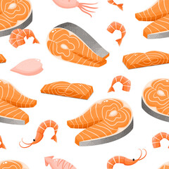 Bright vector collection seamless pattern with seafood isolated on white.