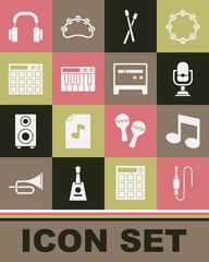 Set Audio jack, Music note, tone, Microphone, Drum sticks, synthesizer, machine, Headphones and Guitar amplifier icon. Vector