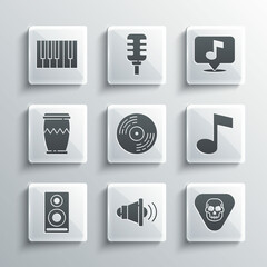 Set Speaker volume, Guitar pick, Music note, tone, Vinyl disk, Stereo speaker, Drum, Grand piano and Musical icon. Vector