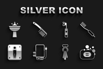 Set Electric boiler, Toothbrush, Bar of soap, Towel on hanger, Male toilet, toothbrush, Washbasin with water tap and Hairbrush icon. Vector