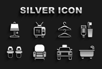 Set Armchair, Toothbrush and toothpaste, Bathtub, Taxi car, Hotel slippers, Hanger wardrobe, Table lamp and Retro tv icon. Vector