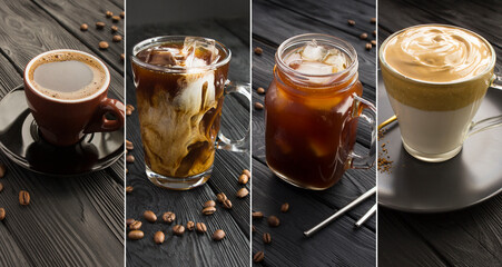 Collage coffee different types on the black wooden background.Close-up.