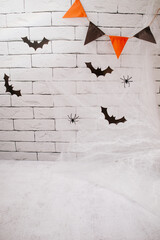 Halloween background. Bats, cobwebs and spiders