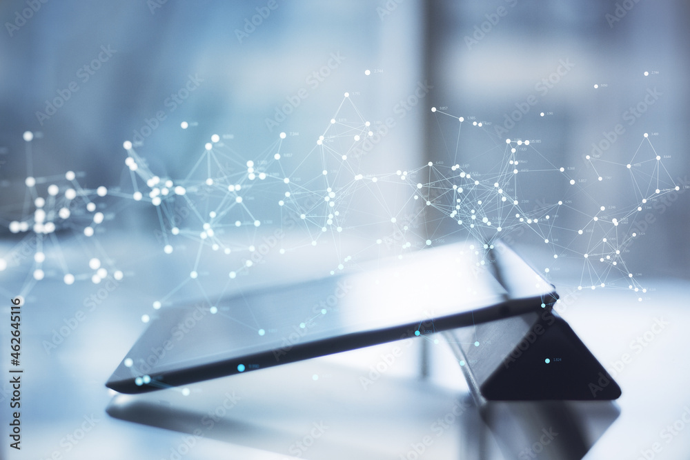 Poster close up of tablet at desktop with glowing polygonal mesh on blurry background. technology, network 