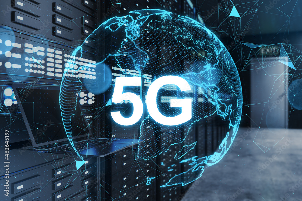 Poster Globe with 5G hologram on blurry server room background. Technology, database and future concept. Double exposure. 3D Rendering.