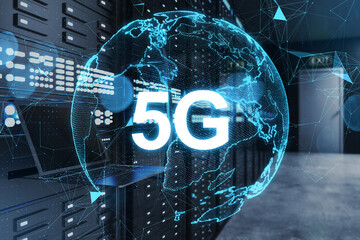 Globe with 5G hologram on blurry server room background. Technology, database and future concept. Double exposure. 3D Rendering.