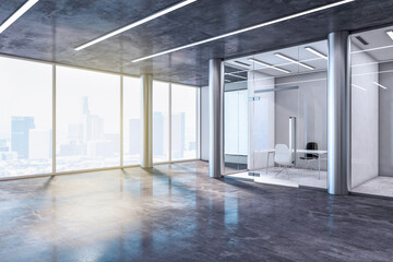 Minimalistic empty concrete interior with window and city view. Minimalism and design concept. 3D Rendering.