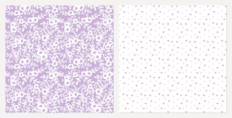 Flowers and polka dot pastel colours seamless pattern set. Coordinating repeat designs with floral hand drawn graphic for girl's clothing, bedding textile, feminine fabric print.