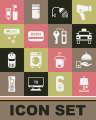 Set Table lamp, Covered with tray, Taxi car, Shower head, Hotel key card, Air conditioner, Toothbrush and toothpaste and door lock icon. Vector