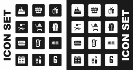 Set Retro tv, Covered with tray, Hotel door lock key, reception desk, Bathrobe, Signboard text, Electrical outlet and card icon. Vector